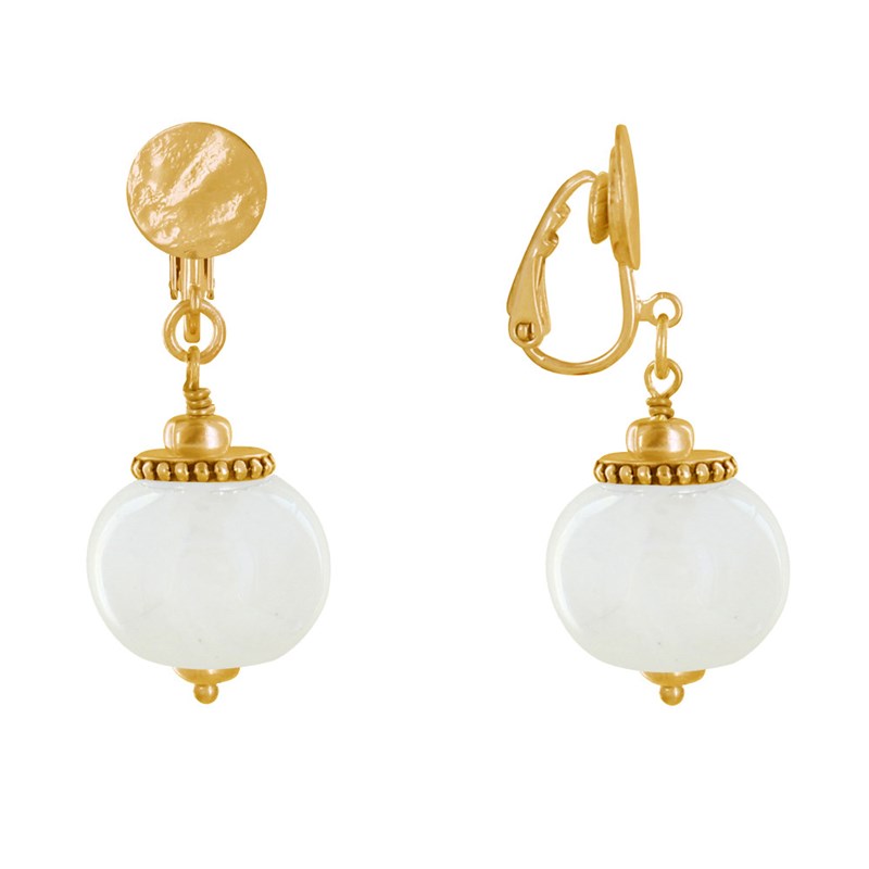 Boucles d'Oreilles Clip Métal Doré et Grosses Perles en Céramique