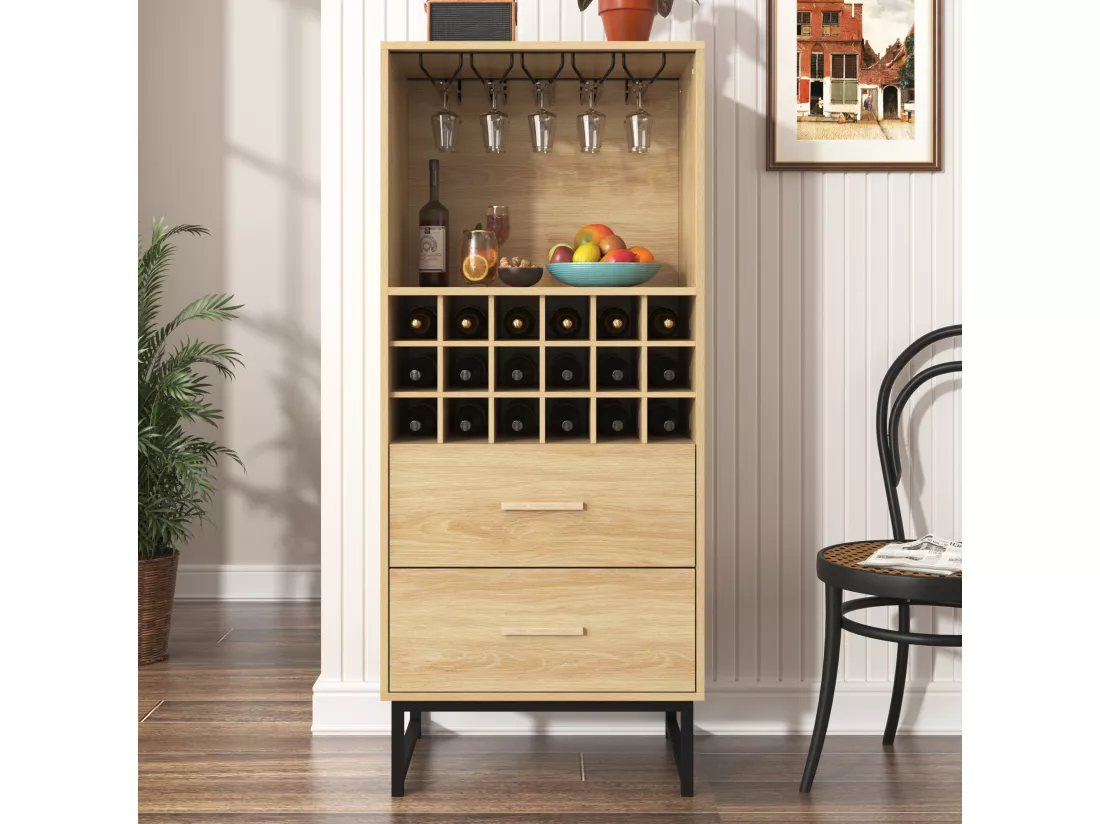Buffet de cuisine avec casier à vin 18 bouteilles et 2 tiroirs - 60 x 39.5 x 141 cm - Panneau de particules - Coloris bois