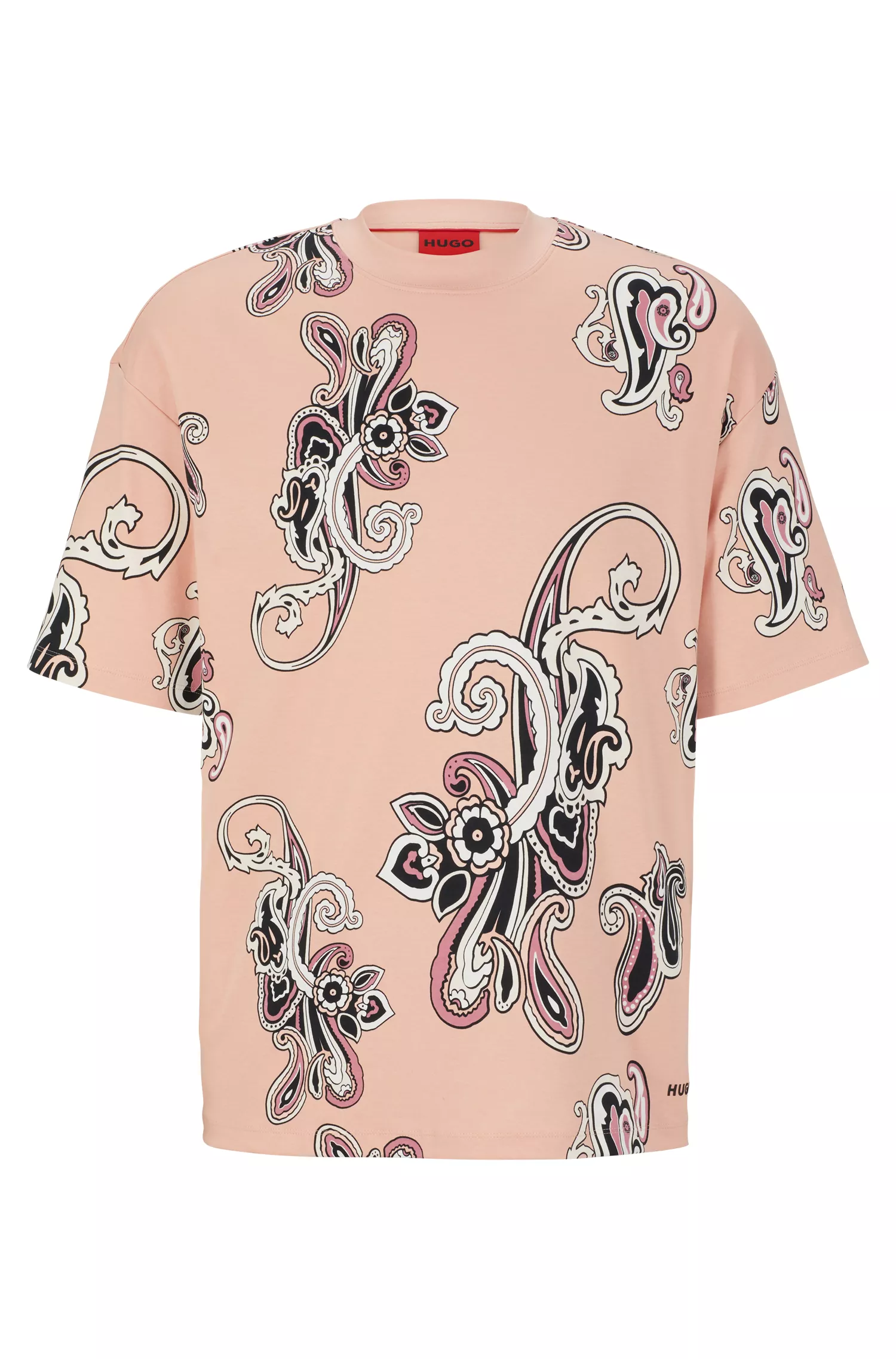 Camiseta HUGO vermelha em algodão interlock com estampa paisley oversized.