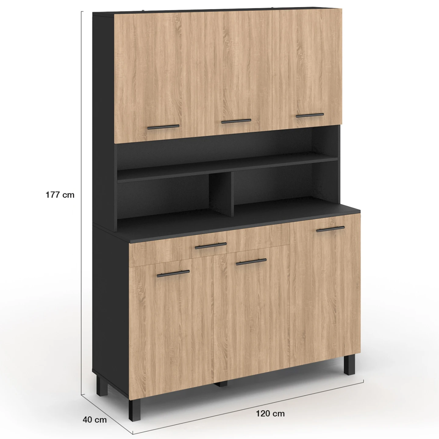 Buffet de cuisine 120 CM CINA 6 portes + tiroir noir et façon hêtre