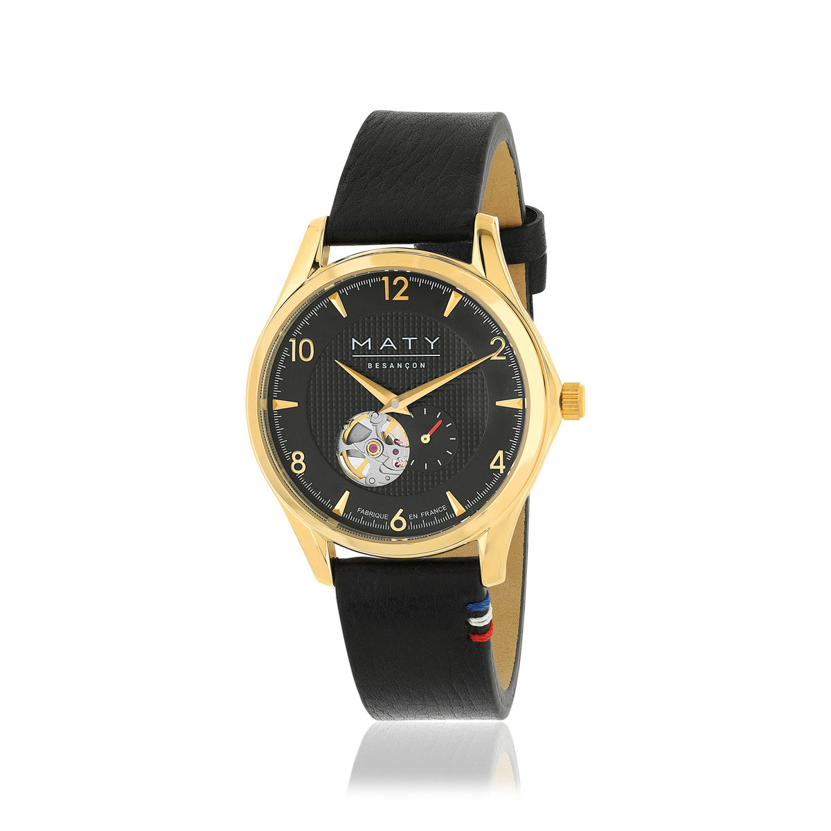Montre homme coeur ouvert automatique acier doré bracelet cuir noir