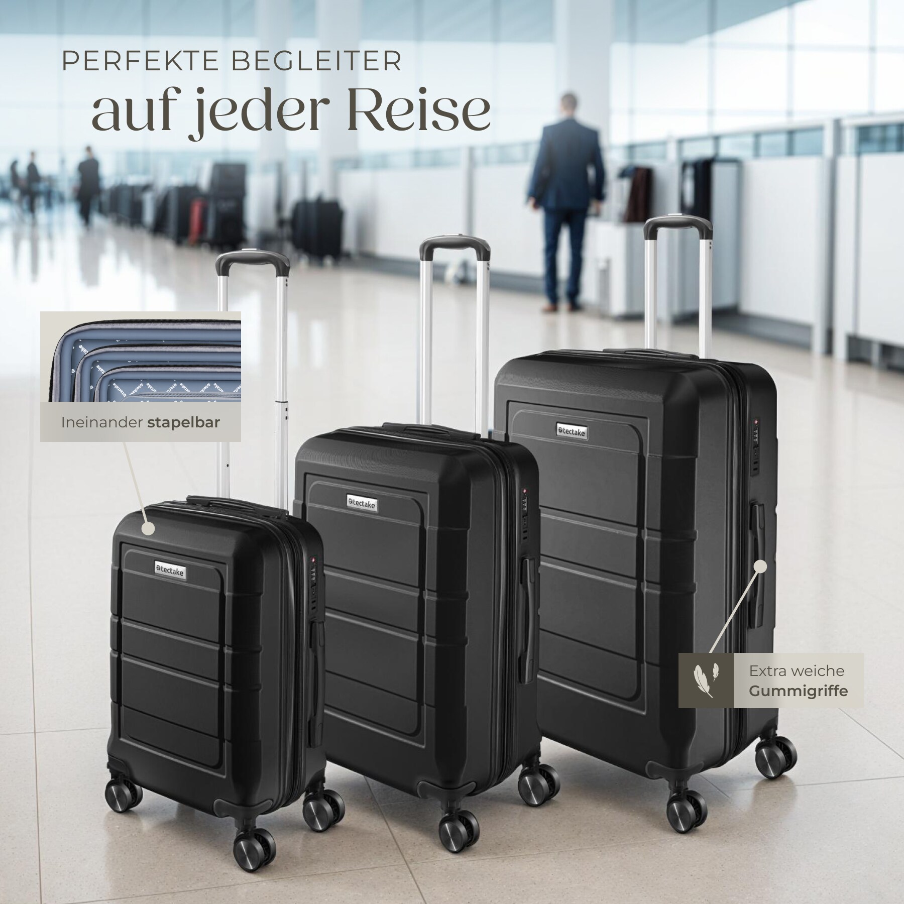 tectake® Reisekofferset, 3-teilig aus robustem ABS-Kunststoff, 360° drehbare, abnehmbare Gummirollen, TSA-Sicherheitszahlenschloss