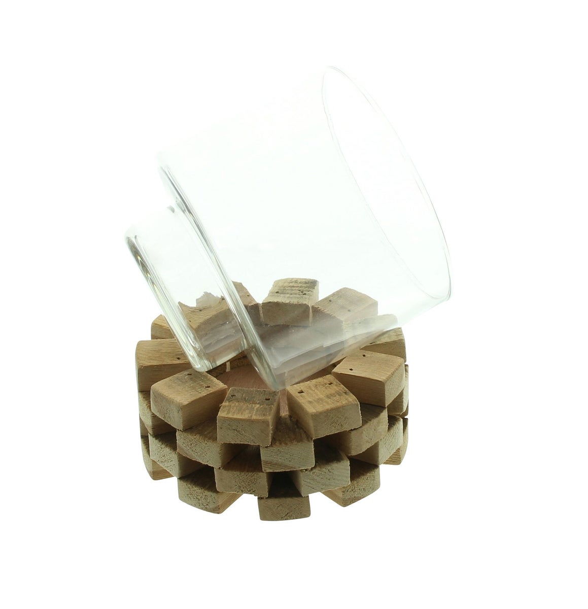FRANK FLECHTWAREN | Theelichthouder van hout, Ø 14 x 16 cm, glas Ø 13 x 13 cm, Iep, glas