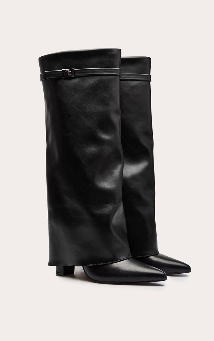 Noir Botte Haute À Talon Bloc En Synthétique Mat À Bout Pointu Avec Revers