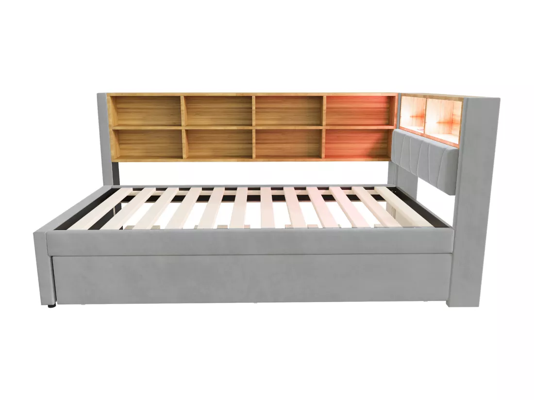 Canapé convertible 90x200 - avec lit gigogne 90x190 cm - avec prise USB - multiples rangements - lit tapissé - Gris clair (matelas non inclus)