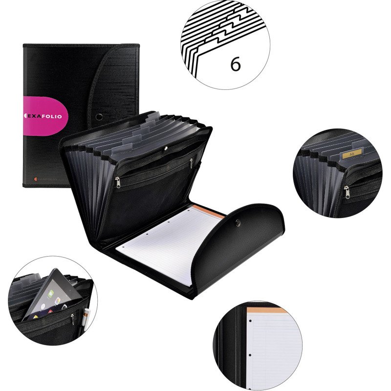 Trieur valisette plastique Exacompta Exafolio avec porte-bloc 6 onglets noir