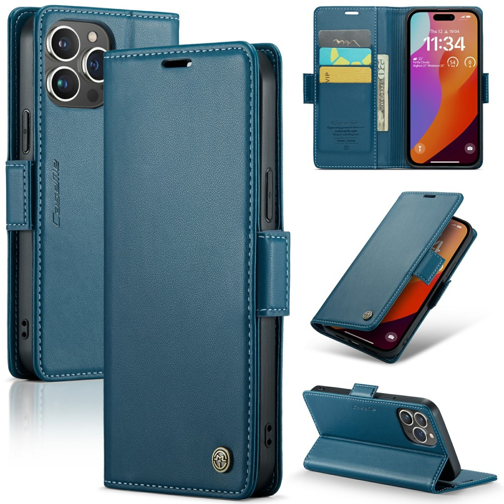 iPhone 16 Pro Leder Tasche Flip Wallet Etui mit Kartenfächern Litchi Look (RFID Schutz) - Blaugrün