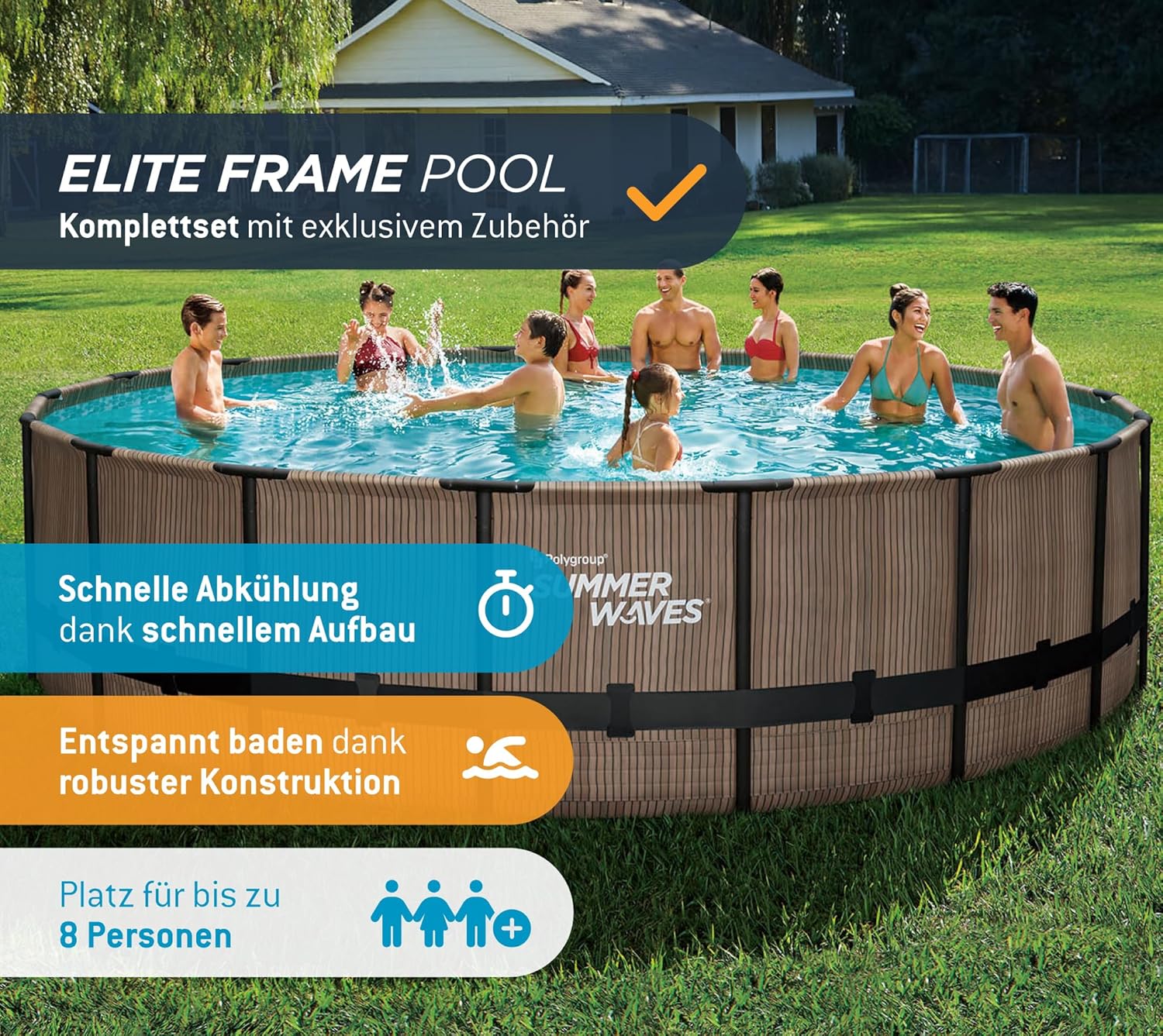Summer Waves Frame Pool Komplettset | Rund 549x132 cm Teak Optik Braun | Aufstellpool Set | Gartenpool & Schwimmbecken inkl. Filterpumpe, Einstiegsleiter, Abdeckplane, Bodenvlies & Reinigungsset