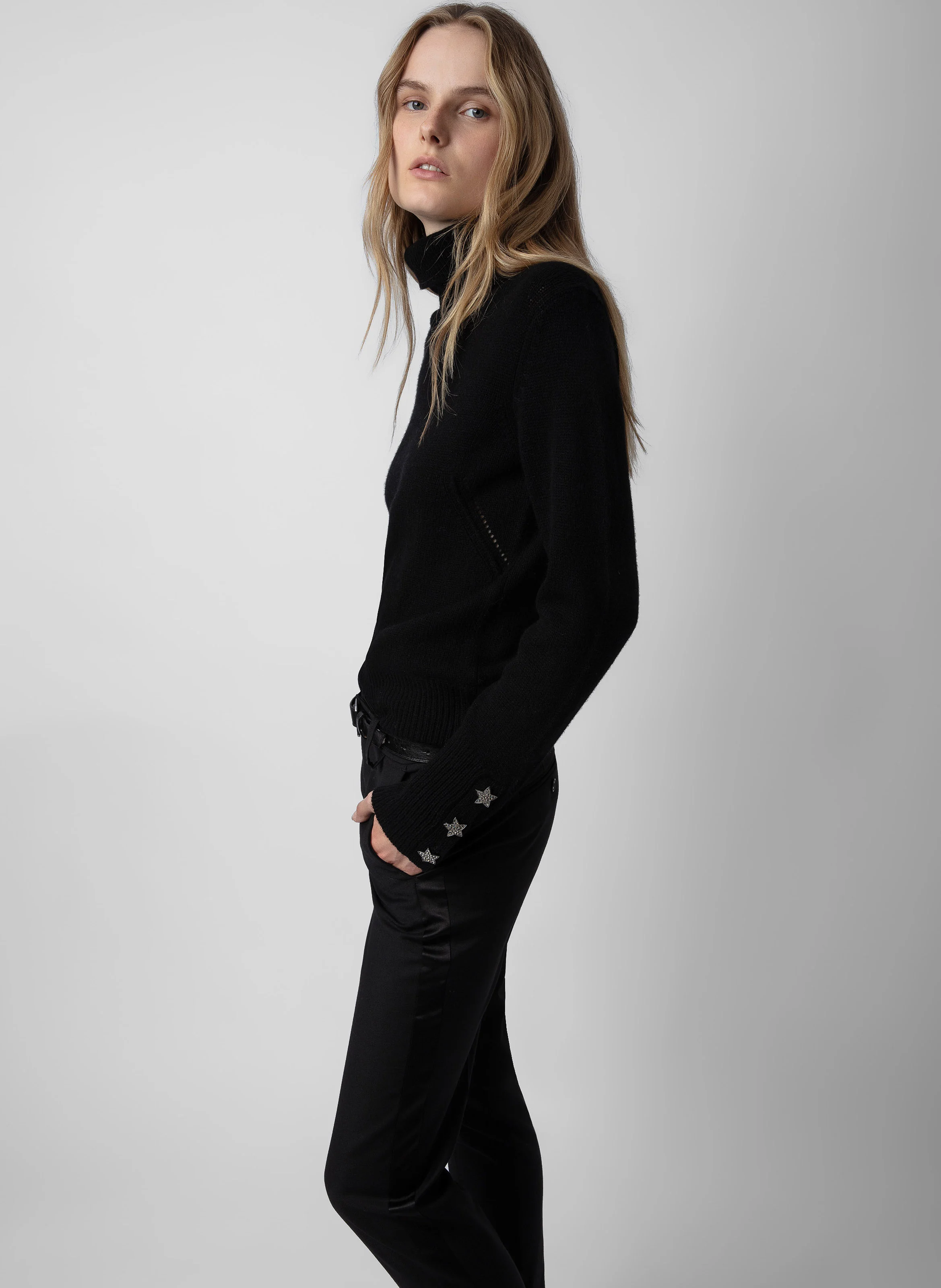 BOXY - Pull col roulé en cachemire et laine| Noir