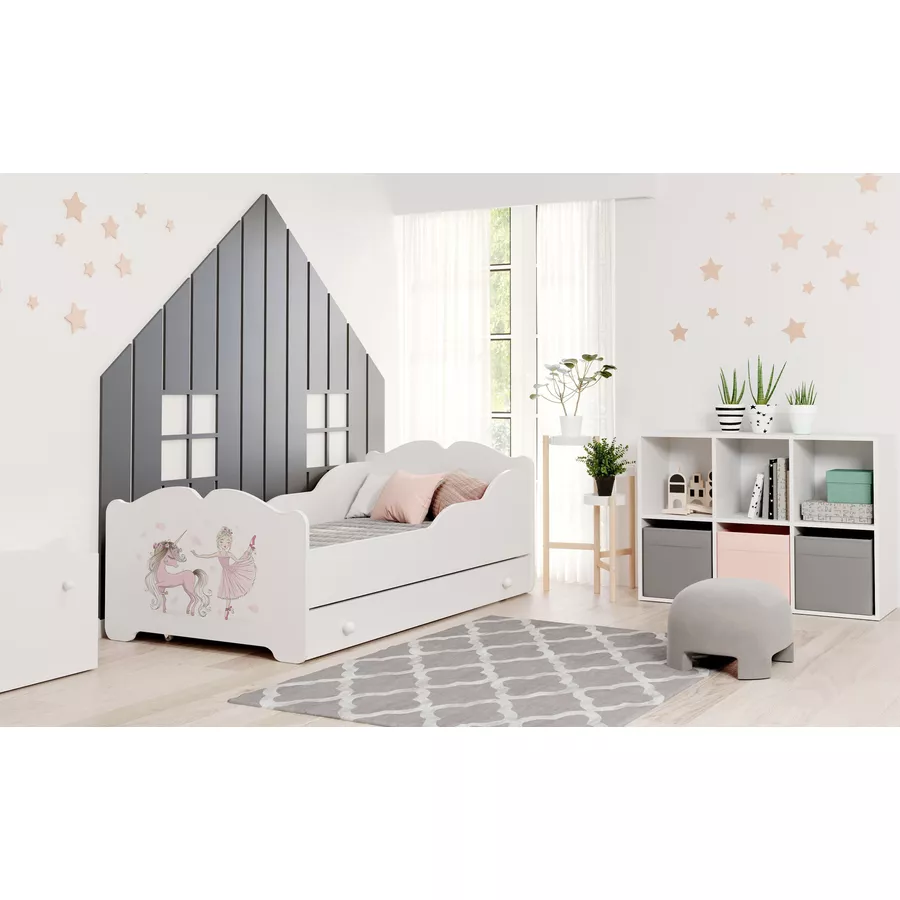 Kids Collective Mädchenbett 80x160 cm mit Matratze und Schublade, Rausfallschutz & Lattenrost weiß - Prinzessin Motiv