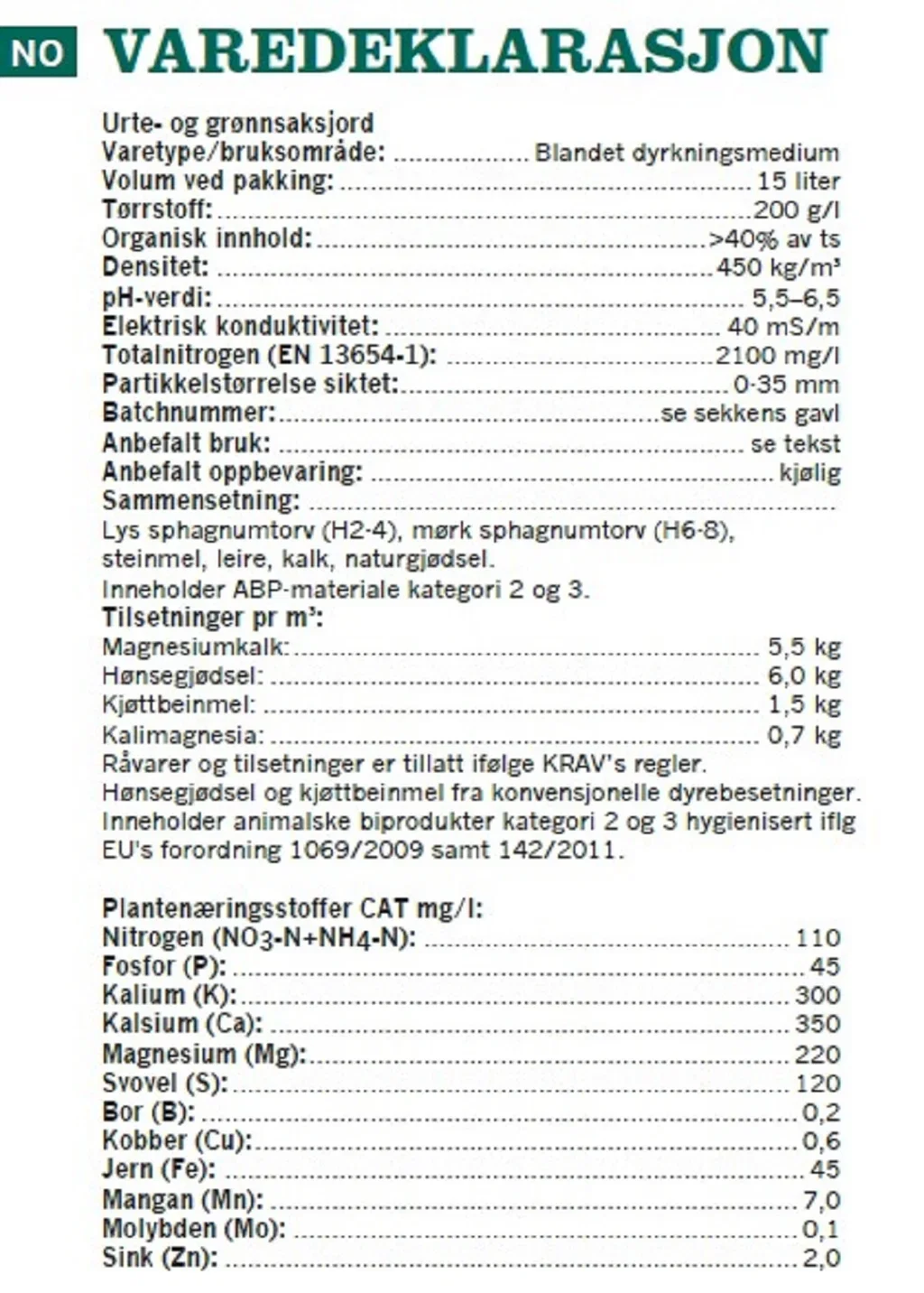 Urte- og Grønnsaksjord 15 L