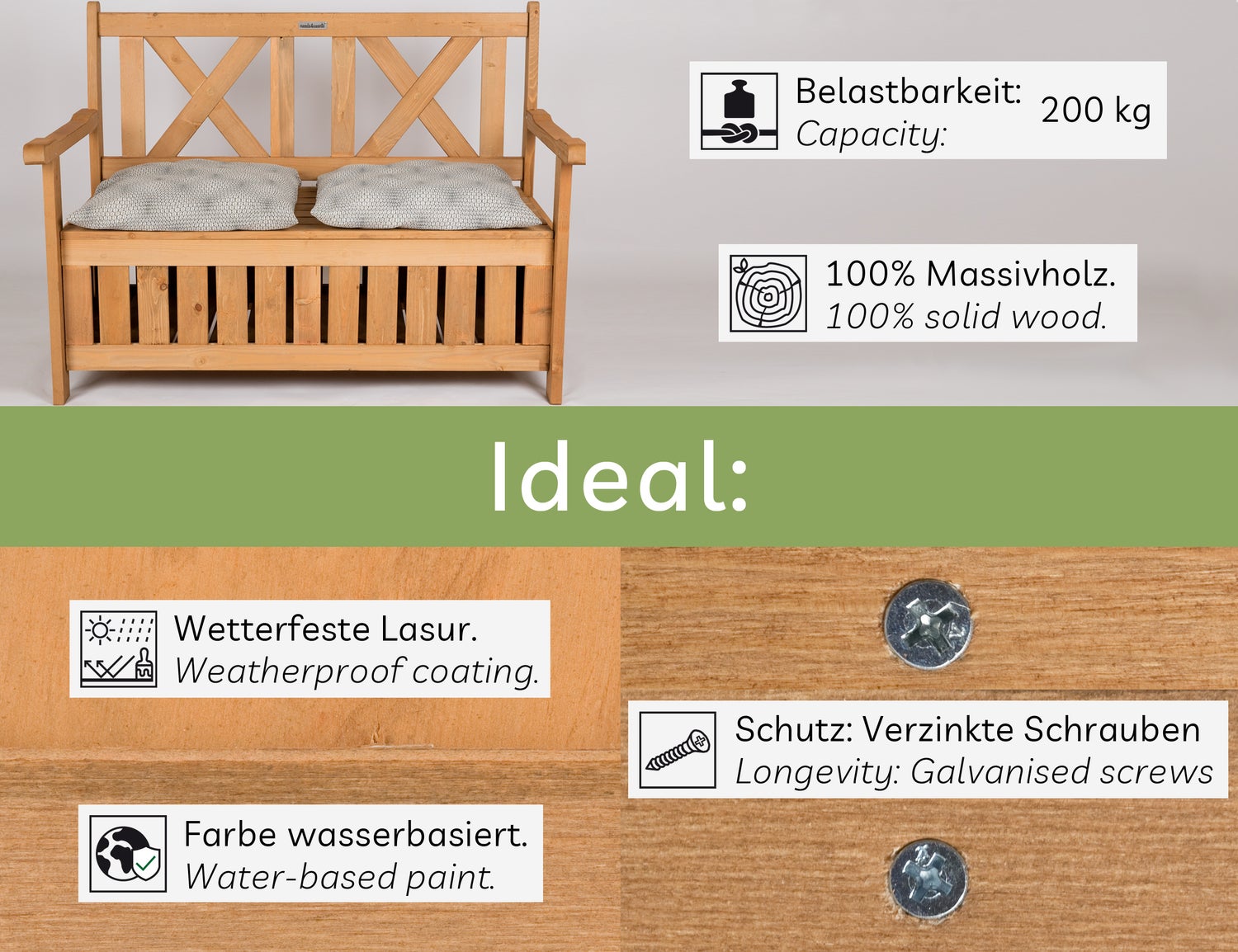 needs&wants® Weerbestendige houten tuinbank met opbergruimte en hoes, 2-zitskistbank, klassieke houten bank, parkbank, massief houten tuinbank met opbergkist, natuurlijk hout, donkerbruin