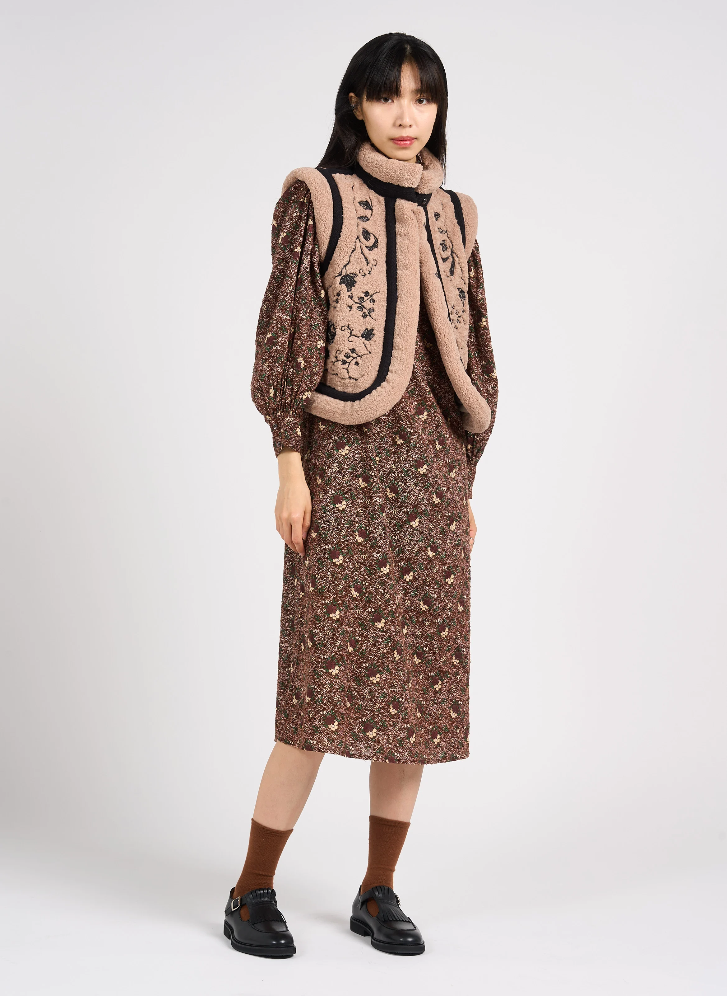 PADDY - Robe longue droite col montant en coton | Marron