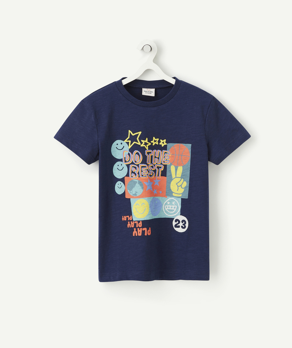T-SHIRT GARÇON BLEU MARINE EN COTON BIO AVEC FLOCAGE COLORÉ