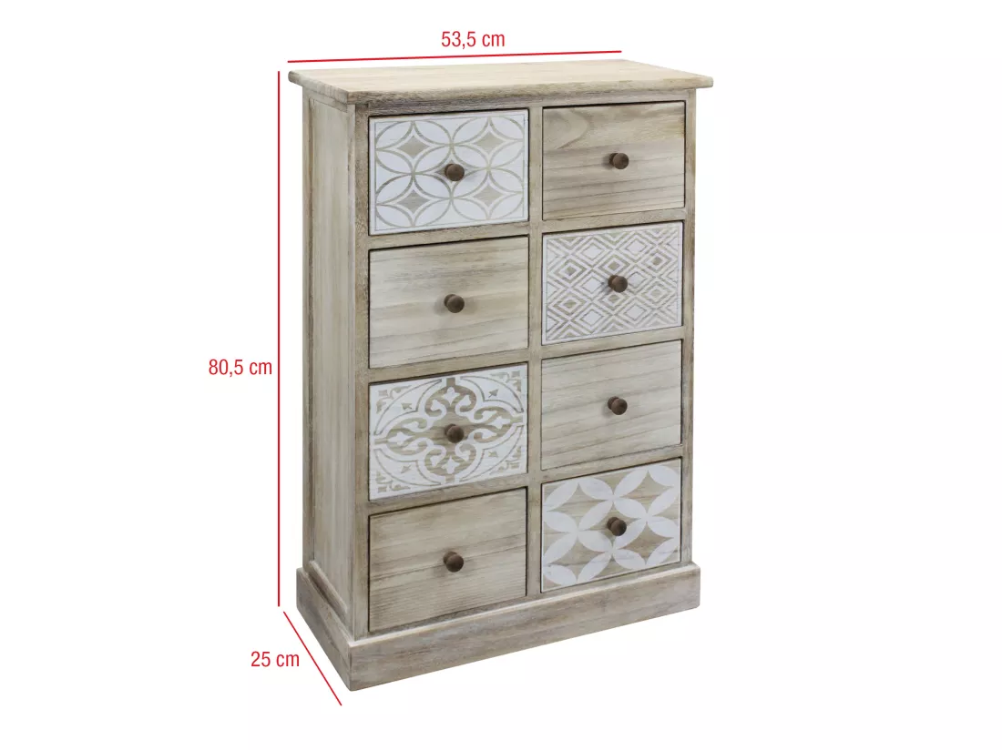 Commode Chiffonier 8 Tiroirs Bois Beige Blanc Entrée 80,5x53,5x25
