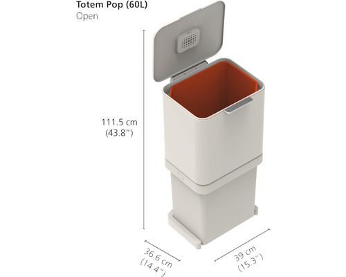 Joseph & Joseph Totem Prullenbak met scharnierend deksel, 2 compartimenten, 30 liter, steengrijs, 30091