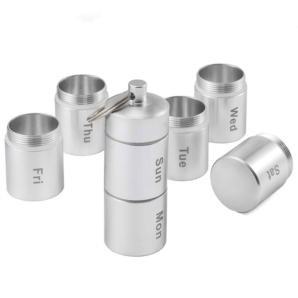 (180x25mm) Metall Medikamenten Dosierer 7 Tage Dosett Tablettenbox Supplements Pillendose Schlüsselanhänger -  Silber