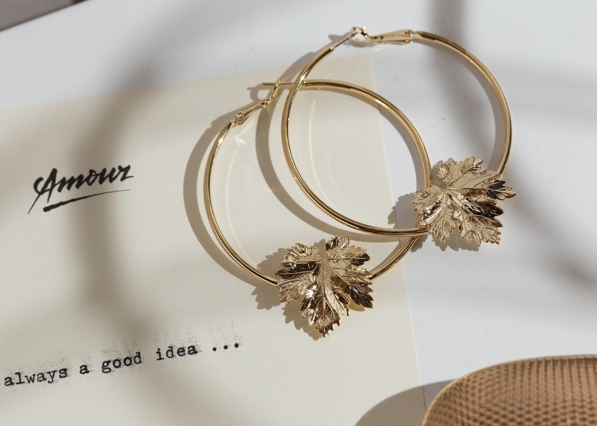 boucles d'oreilles créoles feuilles doré à l'or fin - HÉRA