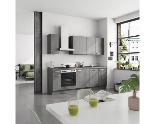 NOBILIA keukenblok met apparatuur, industriële stijl, 240 cm, beton leigrijs mat, voorgemonteerd, linker uitvoering, 4004539018778