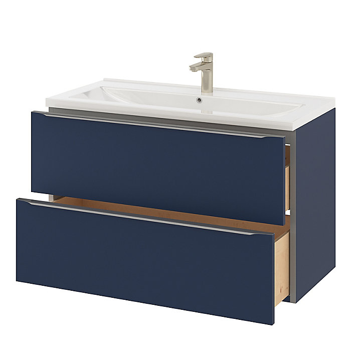 Ensemble salle de bains l.100 cm meuble à suspendre Imandra bleu nuit mat + plan vasque céramique blanc