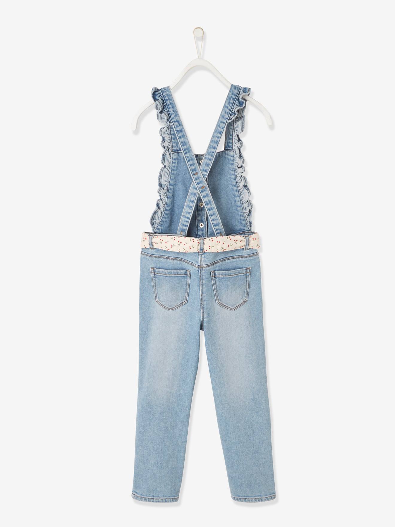 Jardineira jeans com suspensórios franzidos, para meninas, lavagem azul clara