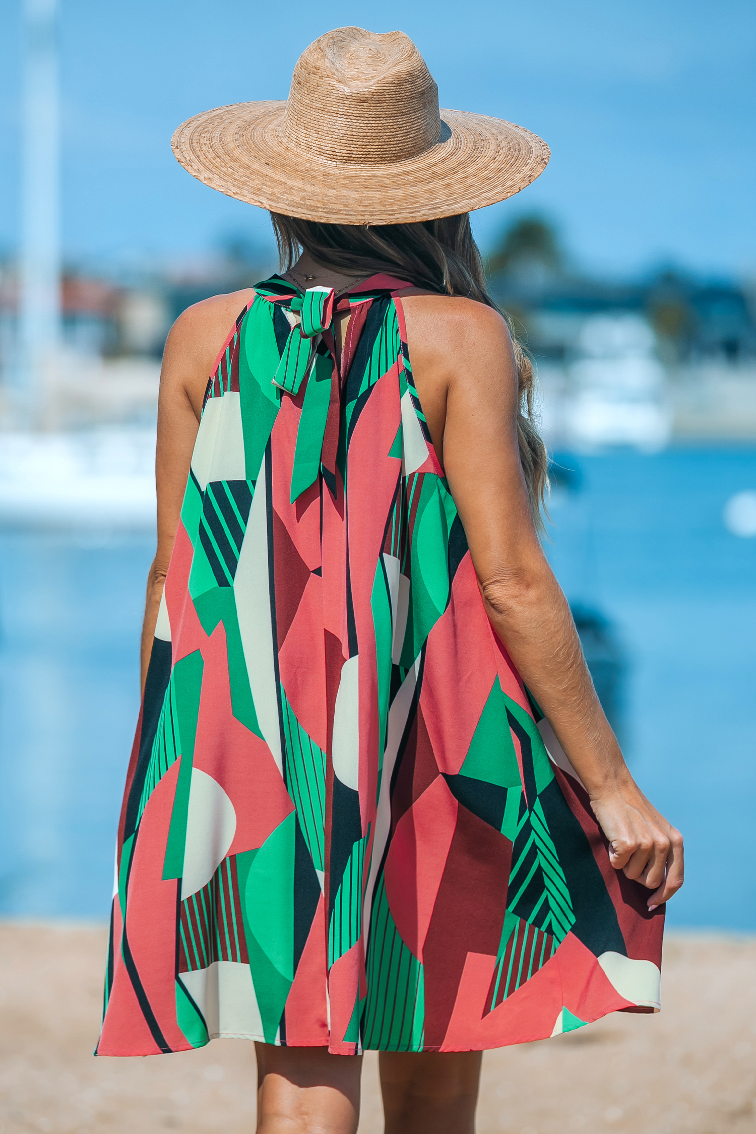 Robe mini ample sans manches à col haut vert et rose