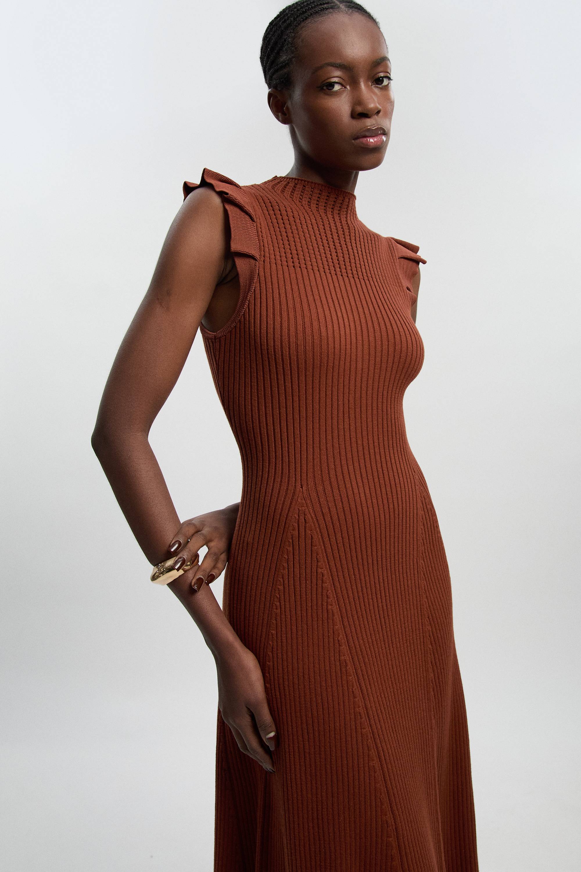 KarenMillen Robe Midi Tricotée À Manches À Volants En Pointelle Petite Taille
