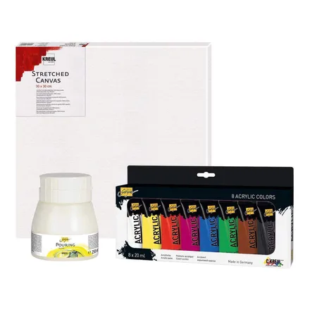 KREUL Aktions-Set zum Acrylgießen Pouring-Fluid , Acrylfarben-Set und Keilrahmen