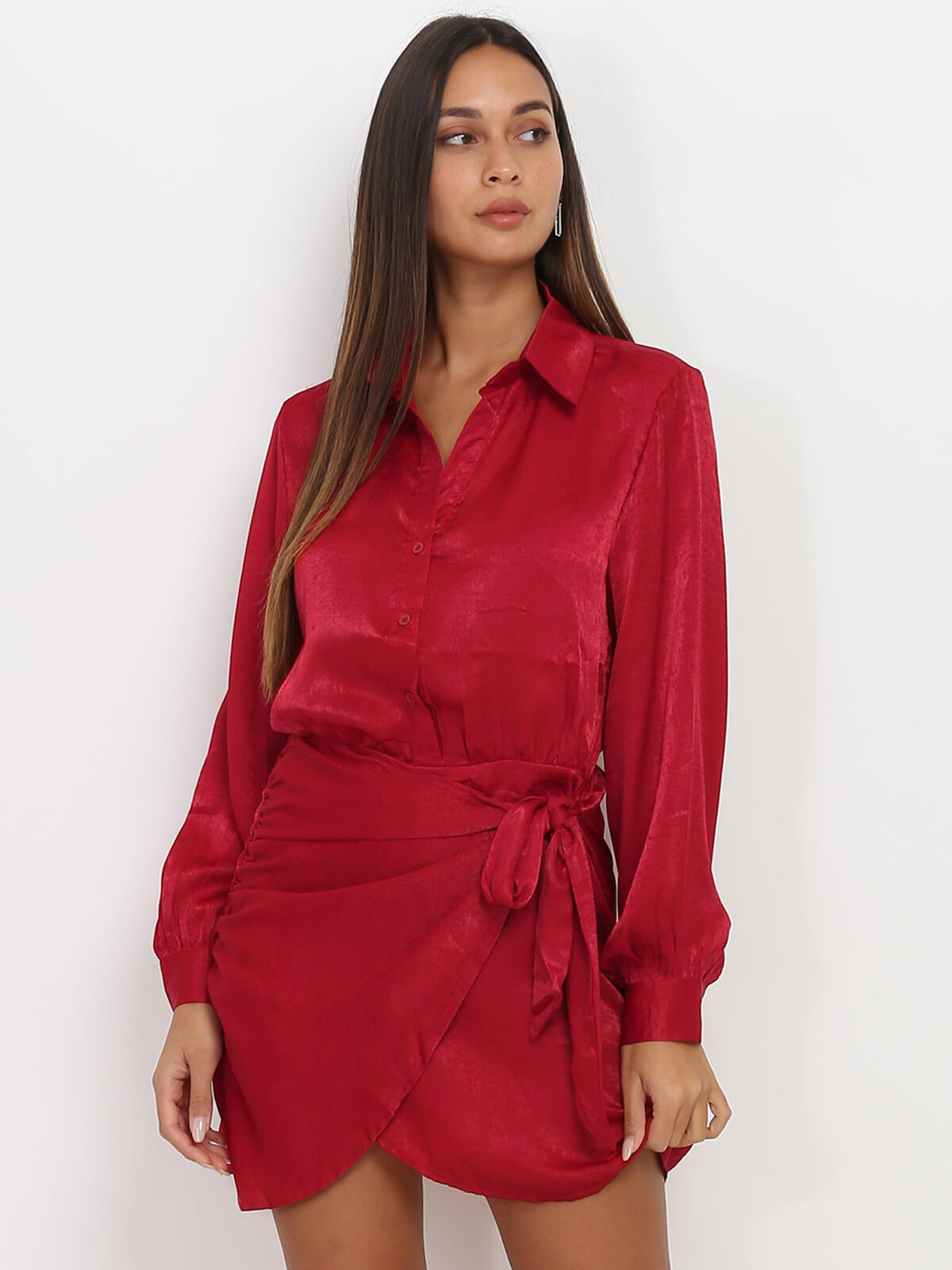 Robe portefeuille satinée- Bordeaux