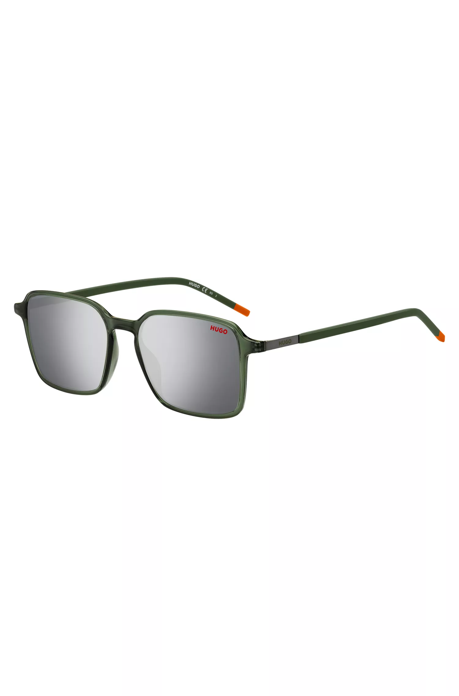 Óculos de sol HUGO vermelho-verde com hastes de aço inoxidável.