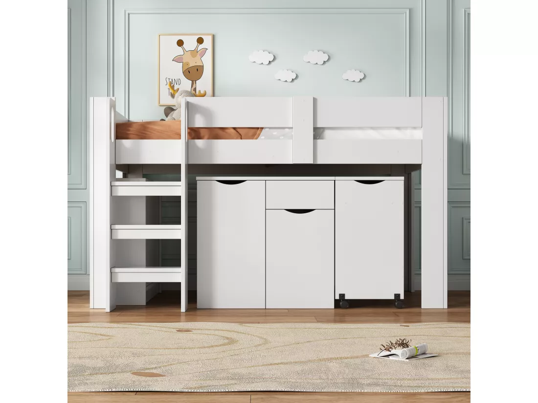Lit mezzanine 90 x 200 cm avec bureau coulissant, armoire et tabouret - Bois MDF - Blanc (sans matelas)