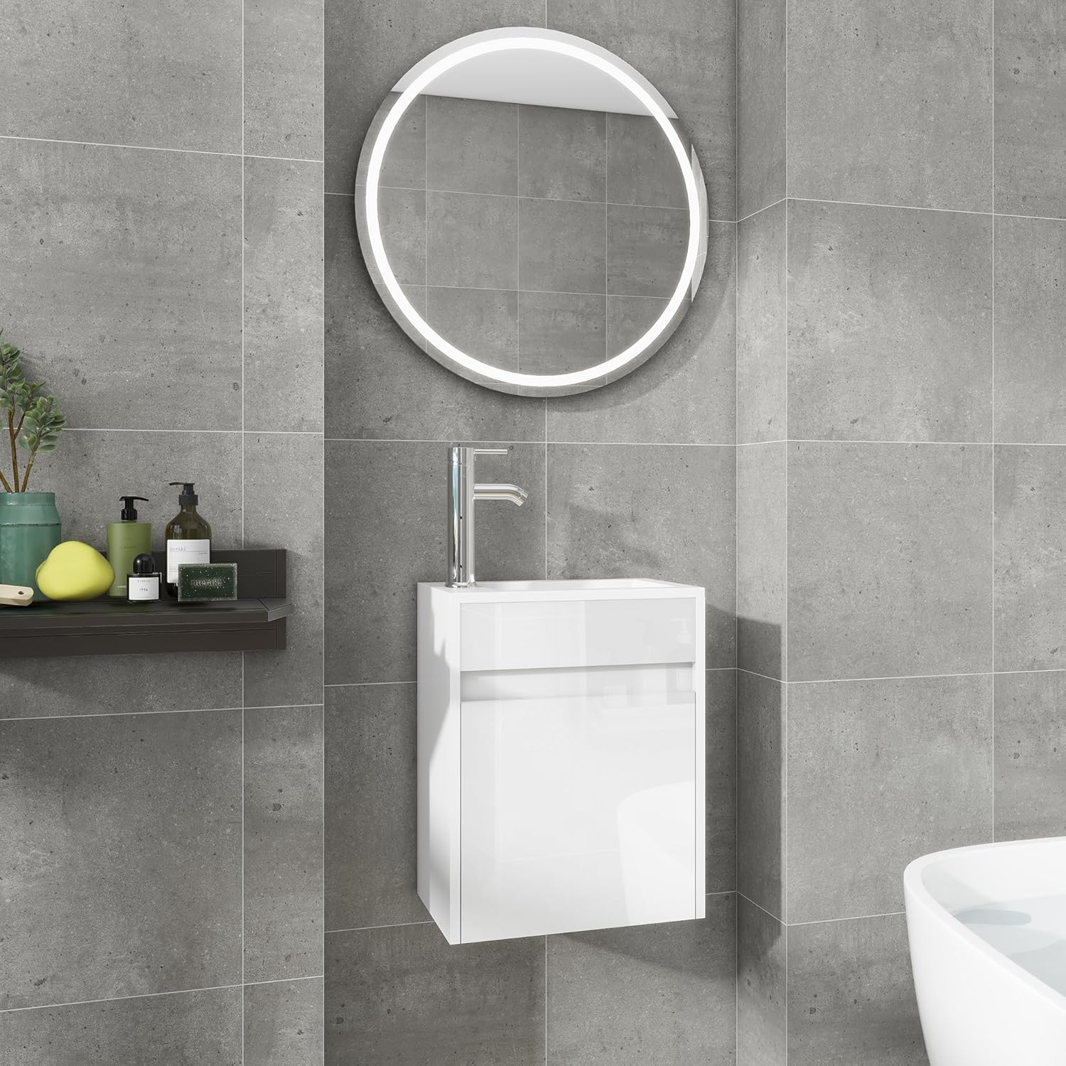 UEV Waschtisch mit Unterschrank 40,6cm, Gäste-WC Waschtisch, Waschbecken mit Unterschrank, Waschtischunterschrank hängend, Waschplatz, Badmöbel Set für Badezimmer,Weiß