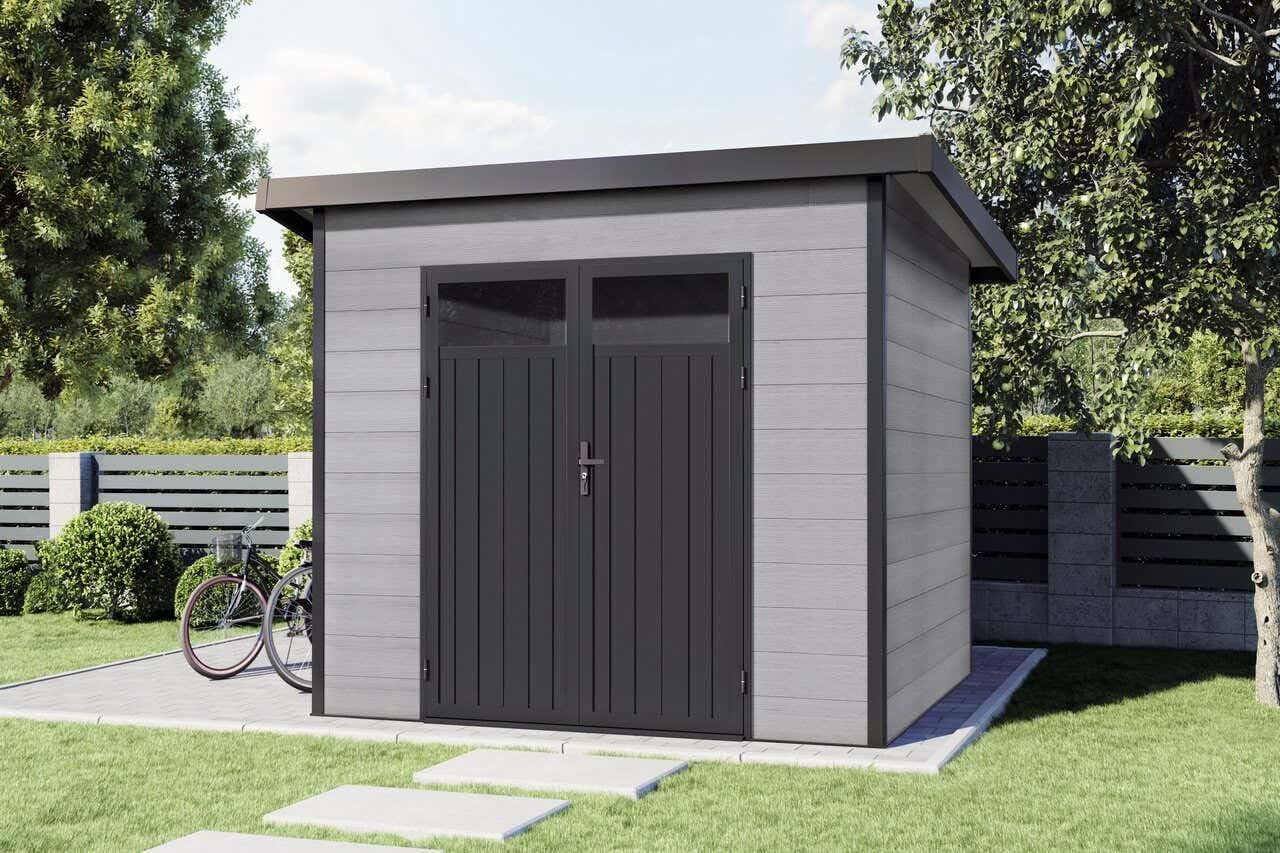 Finnhaus Wolff WPC Gerätehaus Vitale 2420 19 Anthrazit/Hellgrau Gerätehaus aus Holz/Kunststoff in Anthrazitgrau, Geräteschrank mit 19 mm Wandstärke Gartenhaus