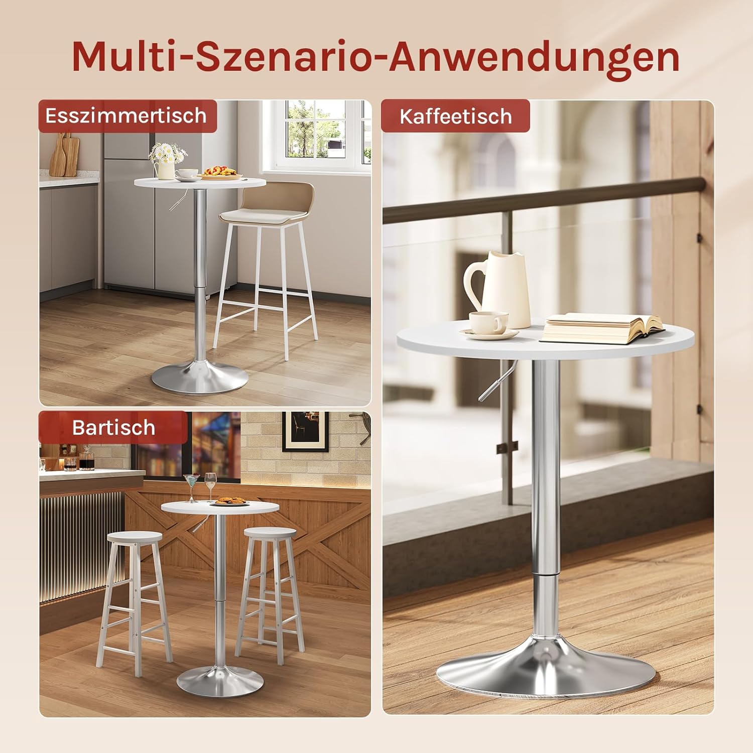 WOLTU Bartisch Stehtisch, höhenverstellbarer Tisch 70-91 cm, multifunktionaler Partytisch in Wohnzimmer Küche Balkon, Bistrotisch aus MDF Metall, Weiß, 60x60x91cm