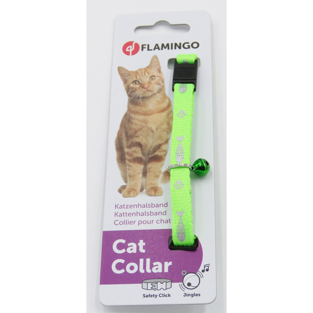 Collier réglable de 20 à 35 cm vert motif poisson + clochette pour chat