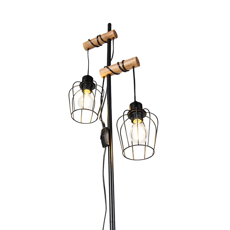 Landelijke vloerlamp zwart met hout 2-lichts - Stronk