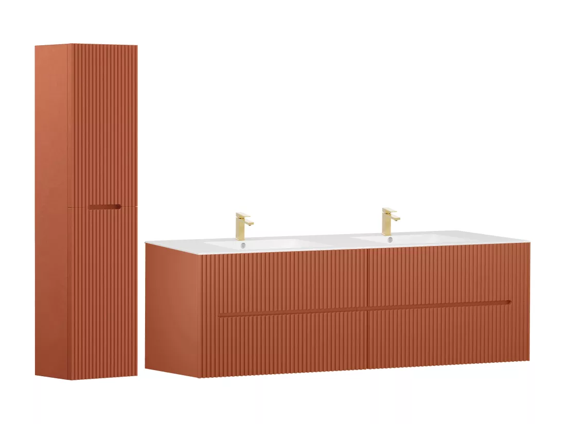 Meuble de salle de bain suspendu avec vasque à encastrer et colonne - Strié terracotta - 150 cm - PAVANI