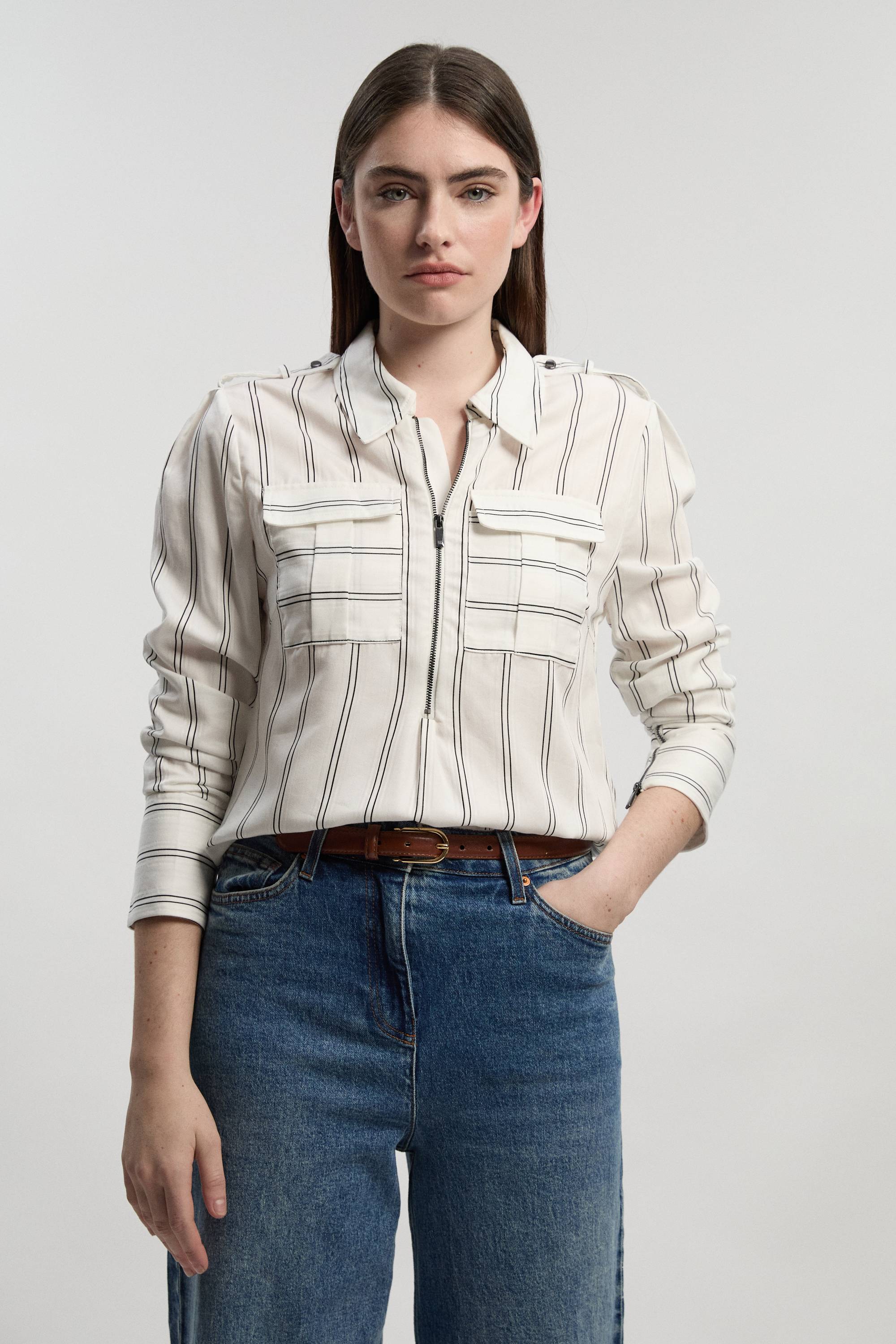 KarenMillen Chemise Utilitaire en Coton Tissé à Rayures Audacieuses