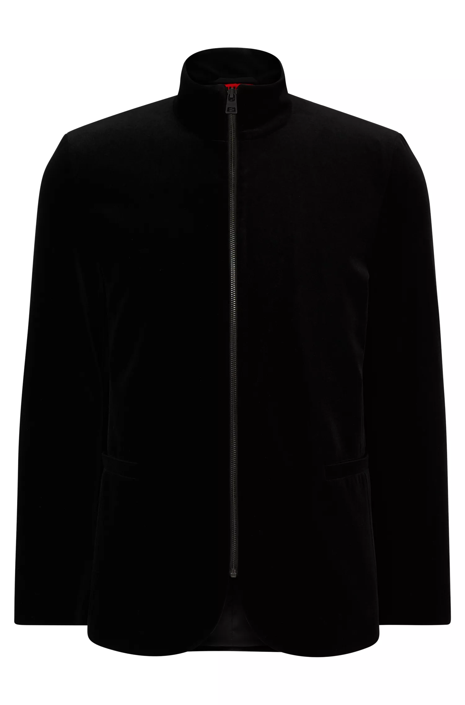 Jaqueta HUGO vermelha, extra slim fit, em veludo elástico.