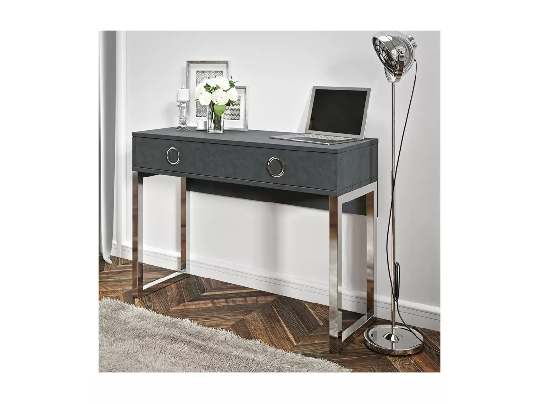 Bureau console avec 2 tiroirs collection MELTON, coloris gris, pieds en fer chromés