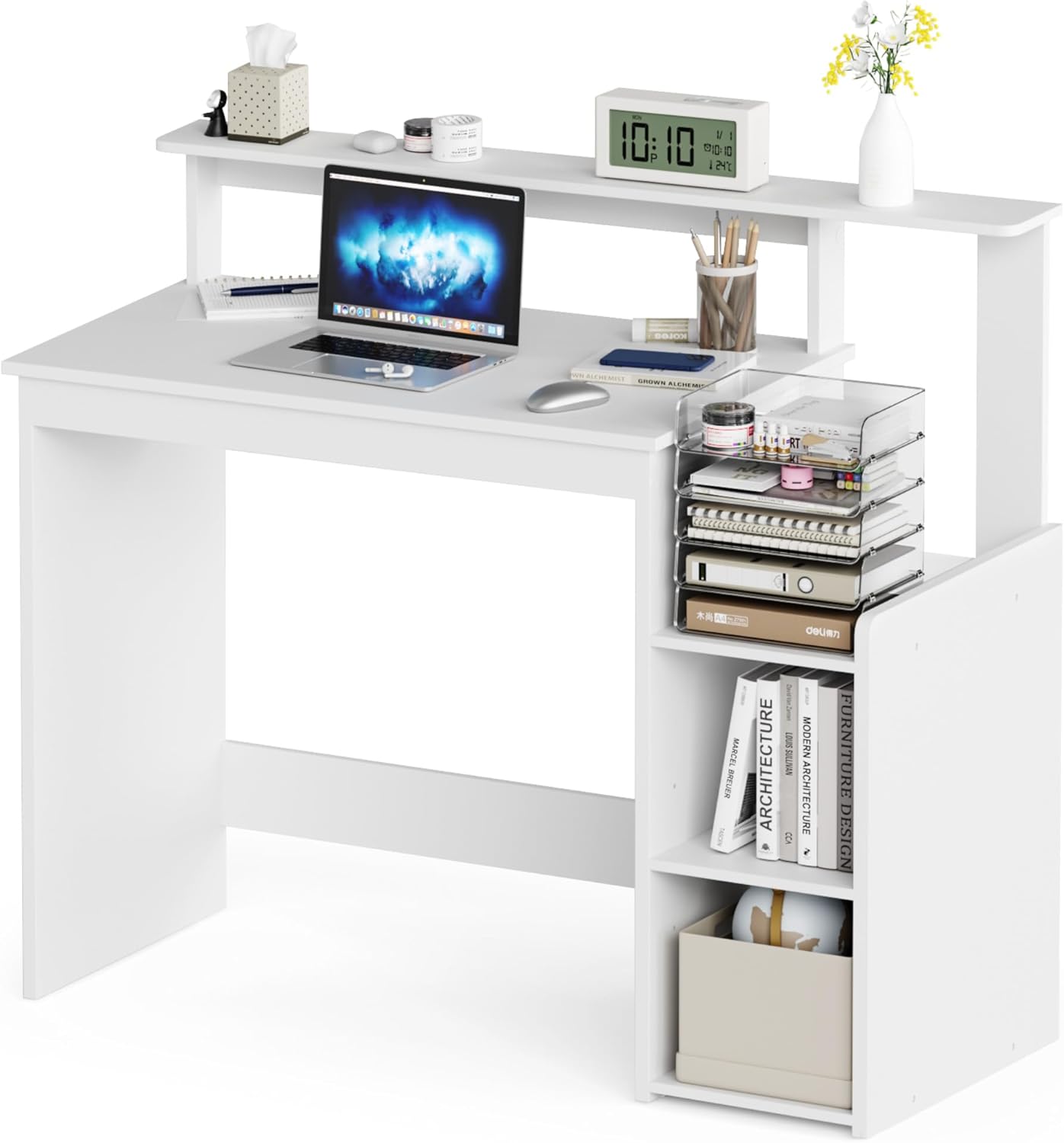 Mondeer Schreibtisch, Computertisch mit Verstellbares Ablage, Kompakt Bürotisch mit Monitorständer, 110 x 48 x 93 cm, für Arbeitszimmer Büro Schlafzimmer, Weiß