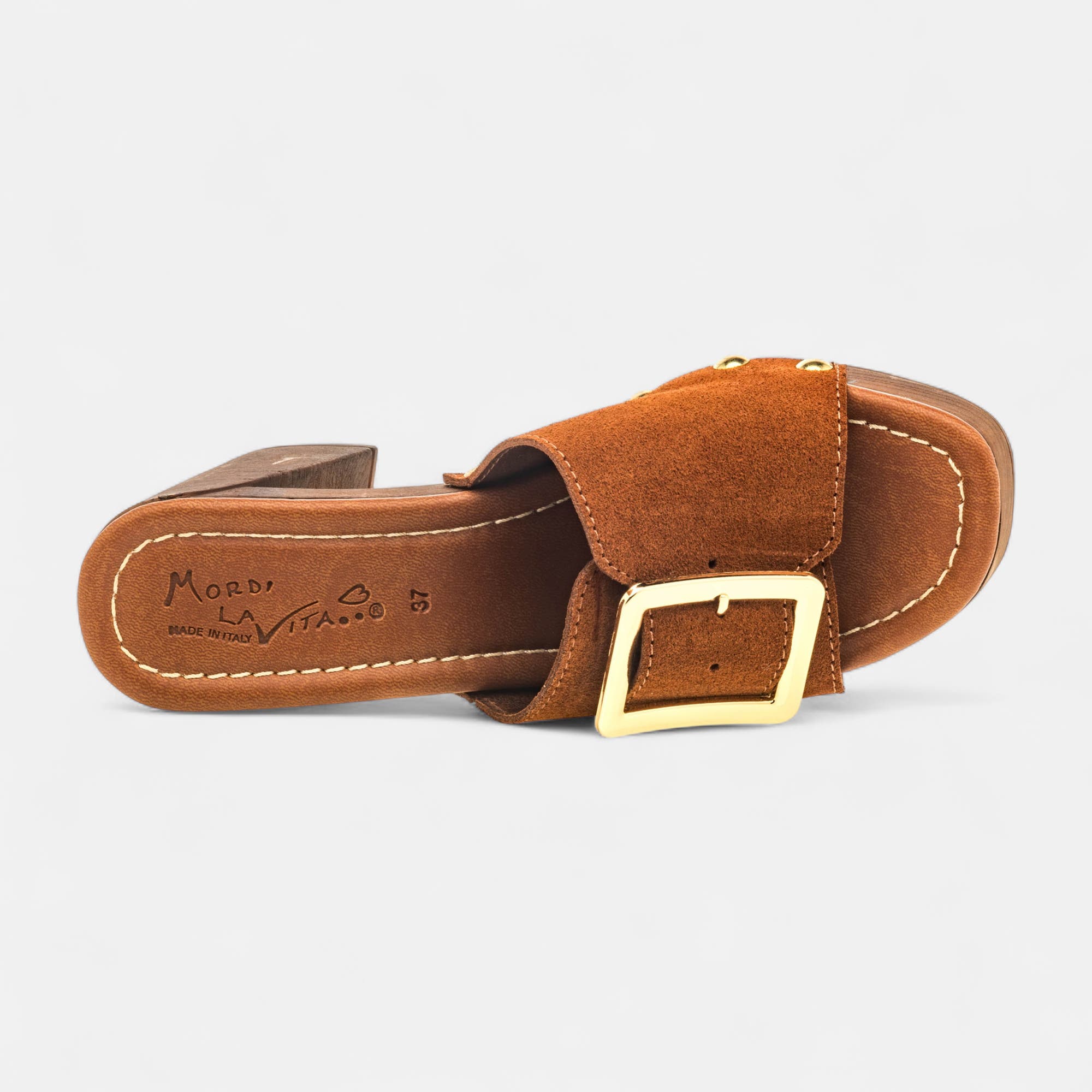 Chaussures semelle bois à talon Femme en cuir cognac