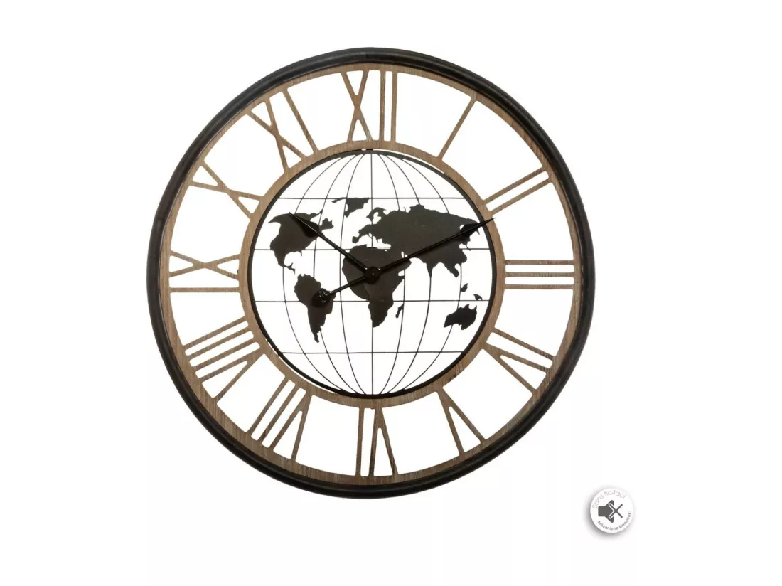 Grande Pendule murale silencieuse en métal décor Map Monde D 67 cm