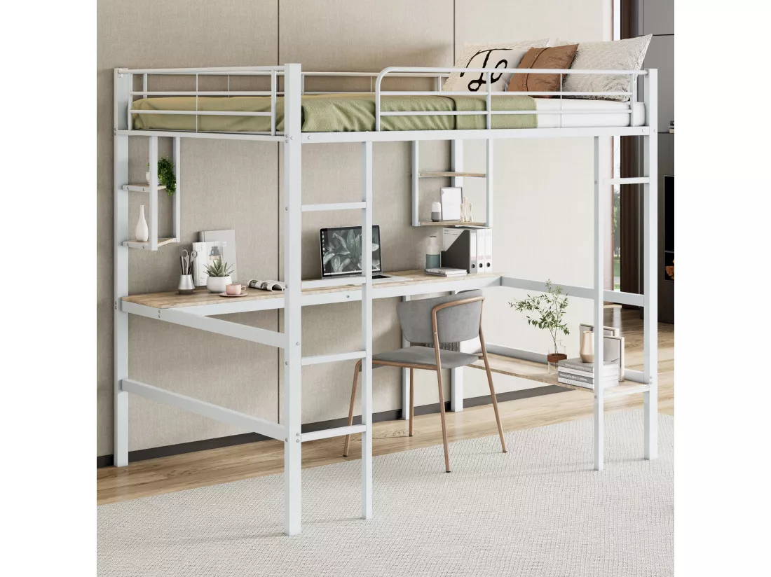 Lit mezzanine 140 x 200 cm avec bureau et étagères - Métal - Sommier à lattes - Blanc (sans matelas)