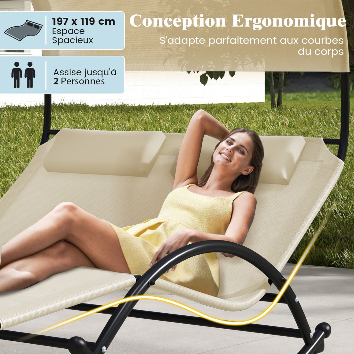 Chaise Longue Double Chaise à Bascule pour 2 Personnes 2 Appui-Têtes Amovibles Cadre en Métal Robuste Lit de Repos Ergonomique 2 Places Gris/Noir/Beige - Lidl-Manfred
