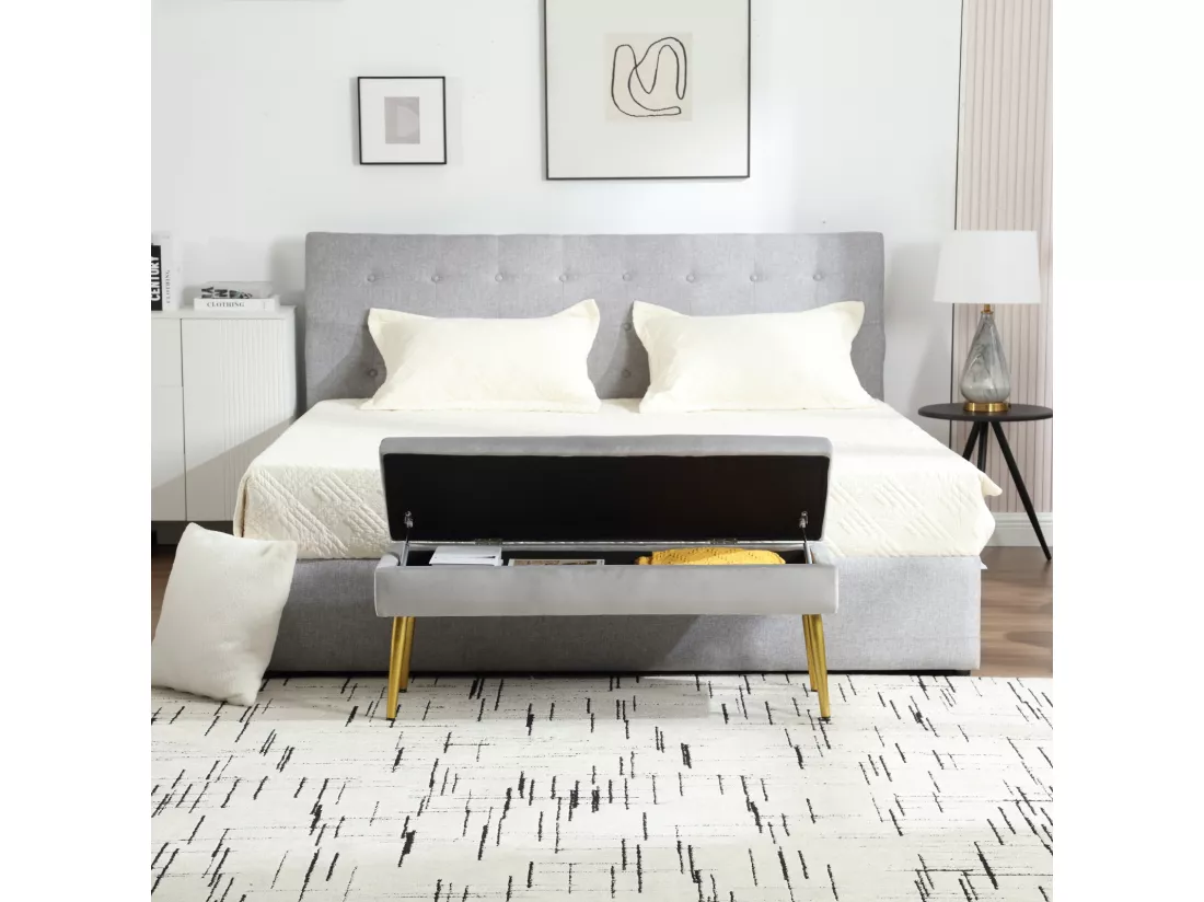Banc de rangement, 111x35x44.5cm, pieds en métal doré pour salon, à l'entrée, à la chambre à coucher, en velours Gris clair