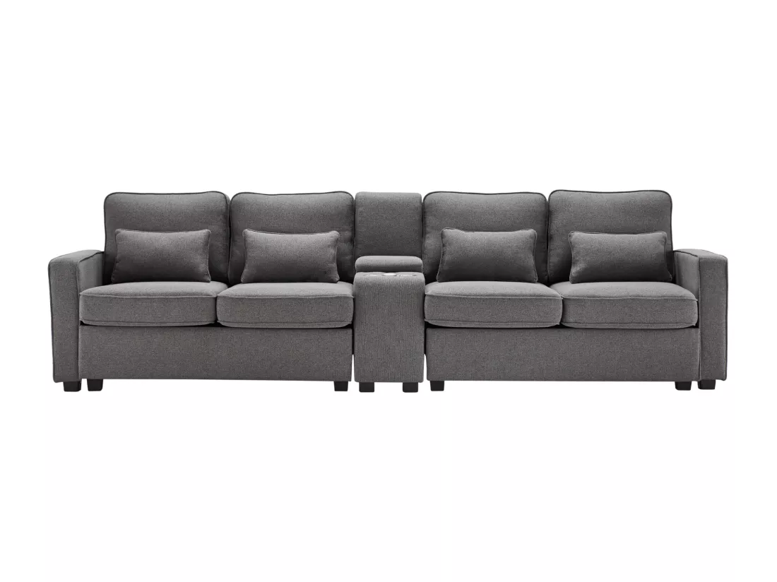 Canapé moderne 4 places en tissu lin avec console, 2 porte-gobelets, 2 ports USB (possibilité de chargement par câble)