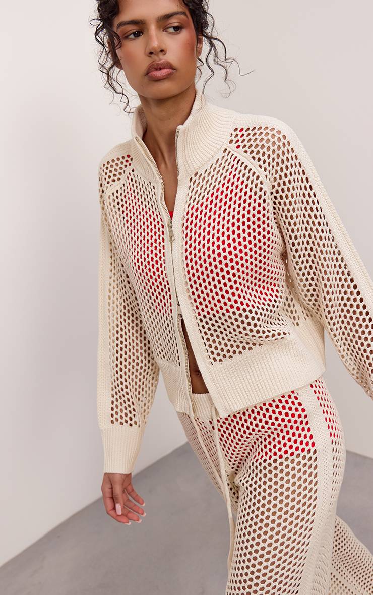 Crème Cardigan De Jogging En Maille Crochet Avec Détails Rayés