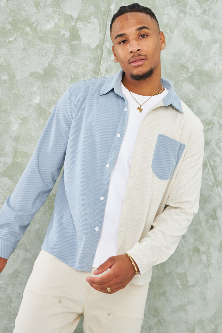 Chemise bicolore bleue et beige en velours côtelé