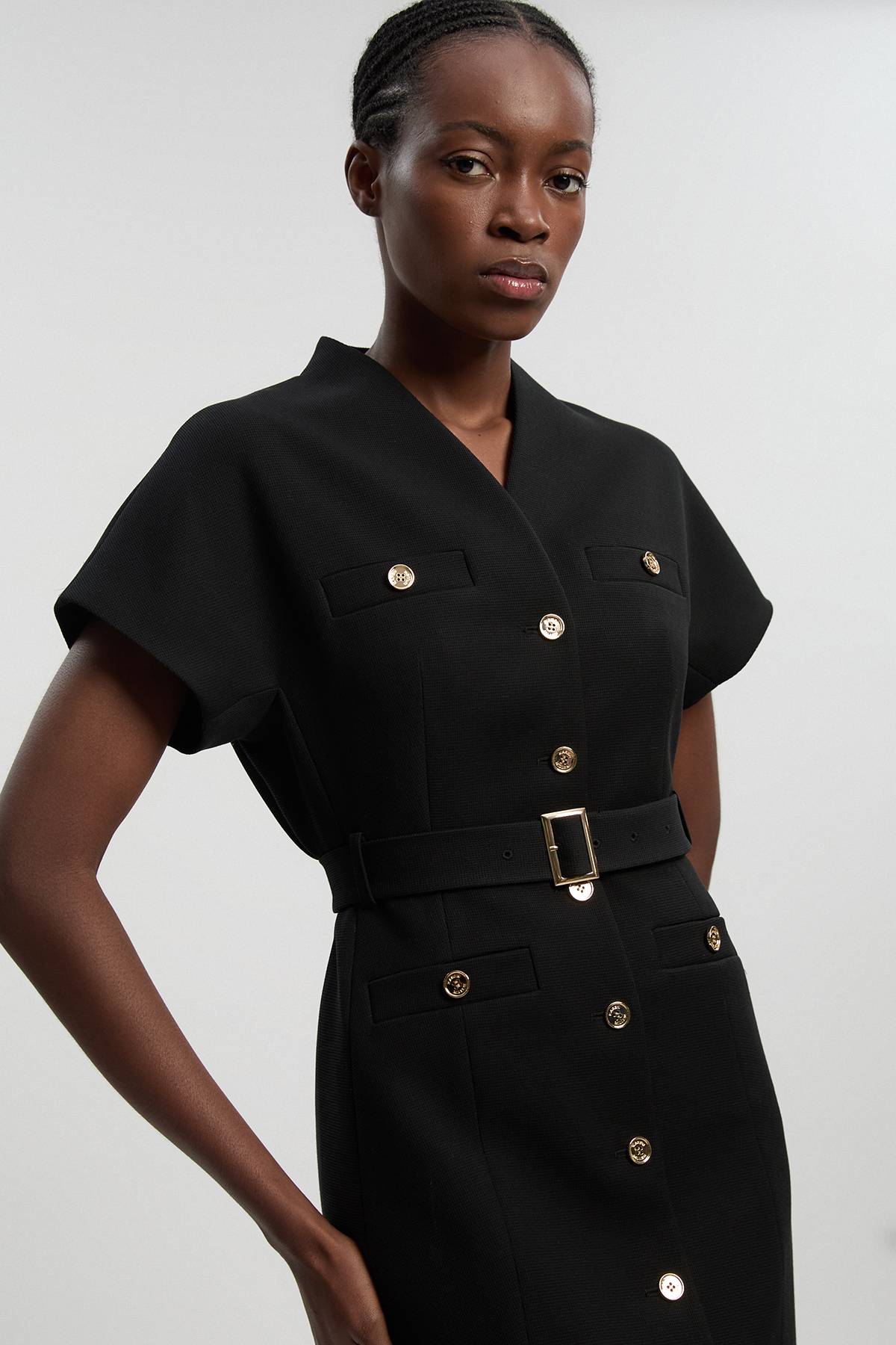 KarenMillen Robe Mini Ceinturée À Col Montant En Tissu Stretch Texturé Compact Petite